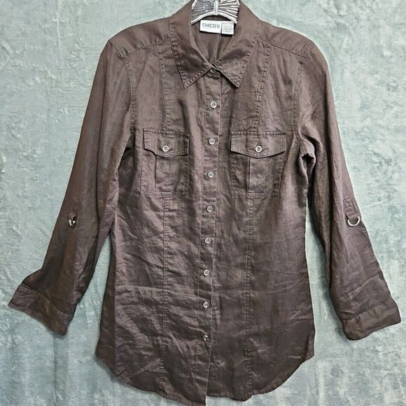 Chico's Sz O Small Linen Blouse tunic brown roll tab sleeve - Picture 1 of 11